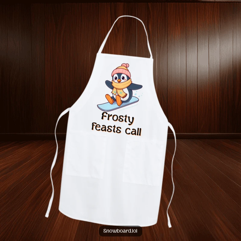 Funny penguin on snowboard, winter apron, happy chef theme, humorous kitchen accessory, ideal funny gift.