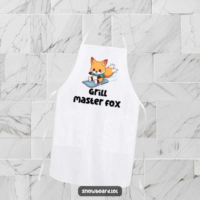 Funny fox on snowboard, winter apron, cheerful chef theme, humorous kitchen accessory, ideal funny gift.