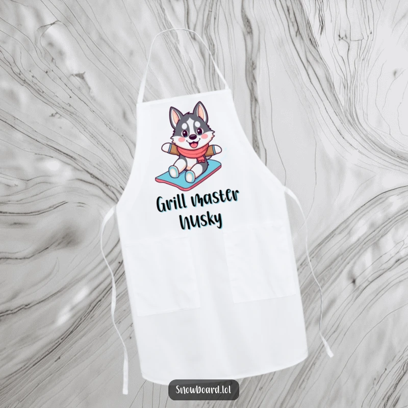 Funny husky apron, depicted cheerfully snowboarding down a snowy slope, ideal for kitchen apparel and winter sports fans.