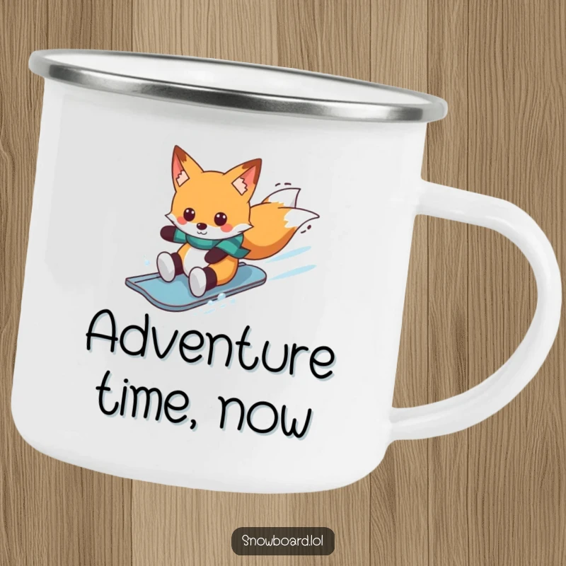 Funny cheerful fox on snowboard, durable camping mug, winter sports theme, ideal funny gift for hikers.