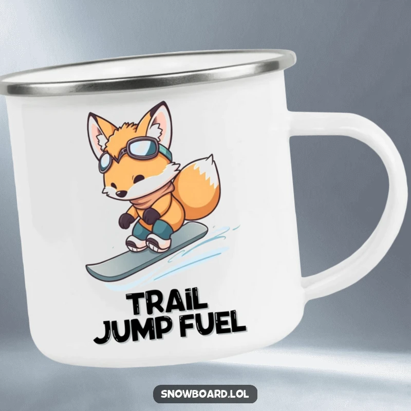 Funny fox cub mid-jump on a snowboard, a rugged and humorous camping mug.