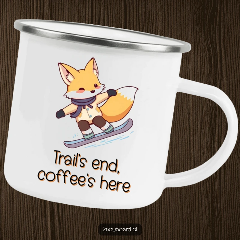 Funny fox camping mug, gracefully carving turns on a snowboard, perfect for outdoor enthusiasts and lovers of sly, stylish humor.
