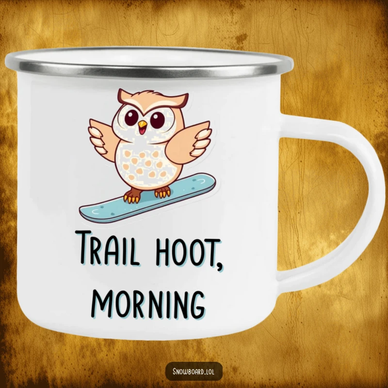 Funny camping mug featuring a delighted owl snowboarding, perfect for enjoying drinks outdoors with a humorous twist.