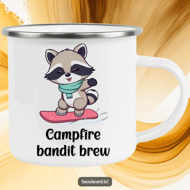 Funny camping mug featuring a winking raccoon snowboarding, adding a touch of playful mischief to outdoor drinks.