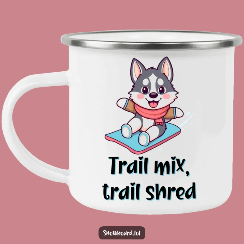 Funny Husky Snowboarding Camping Mug: Winter Trail Fuel Gift