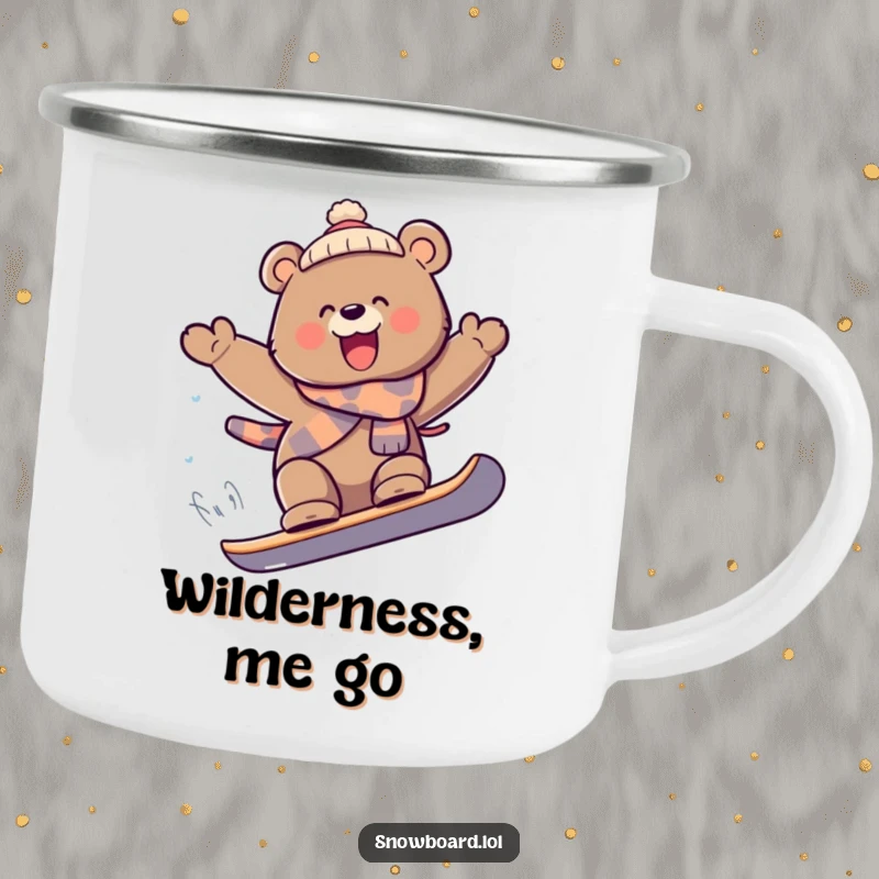 Funny playful bear catching air, durable camping mug, extreme sports theme, ideal funny gift for hikers.