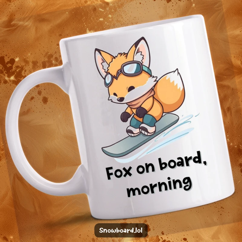 Funny fox cub mid-air on a snowboard, joyfully executing a small jump on a snowy hill.