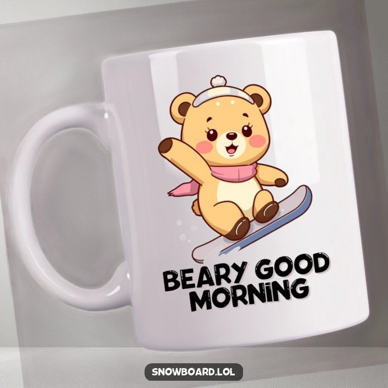 Funny bear cub mug, playfully executing a snowboard trick, embodying adventurous spirit and winter sports charm.