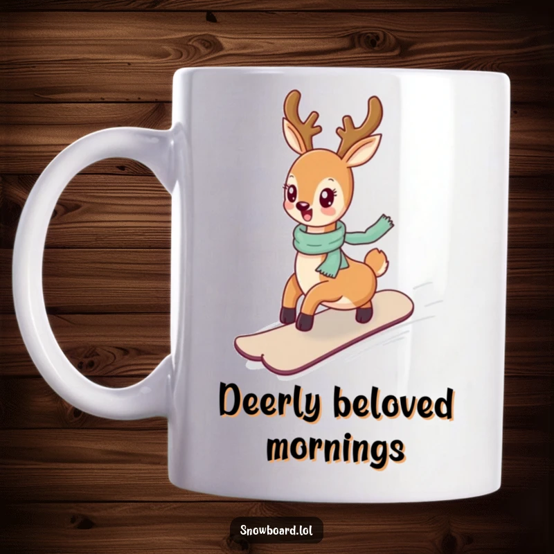 Funny, cheerful deer gracefully riding a snowboard down a gentle, snowy incline.