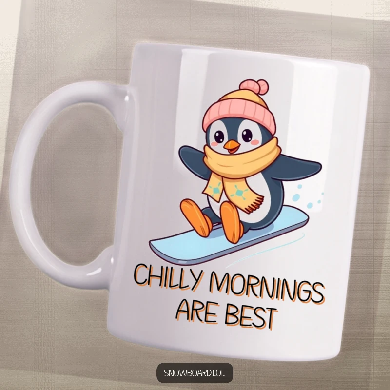 Funny happy penguin wearing scarf snowboarding downhill, winter sports mug, cheerful character, perfect funny gift.