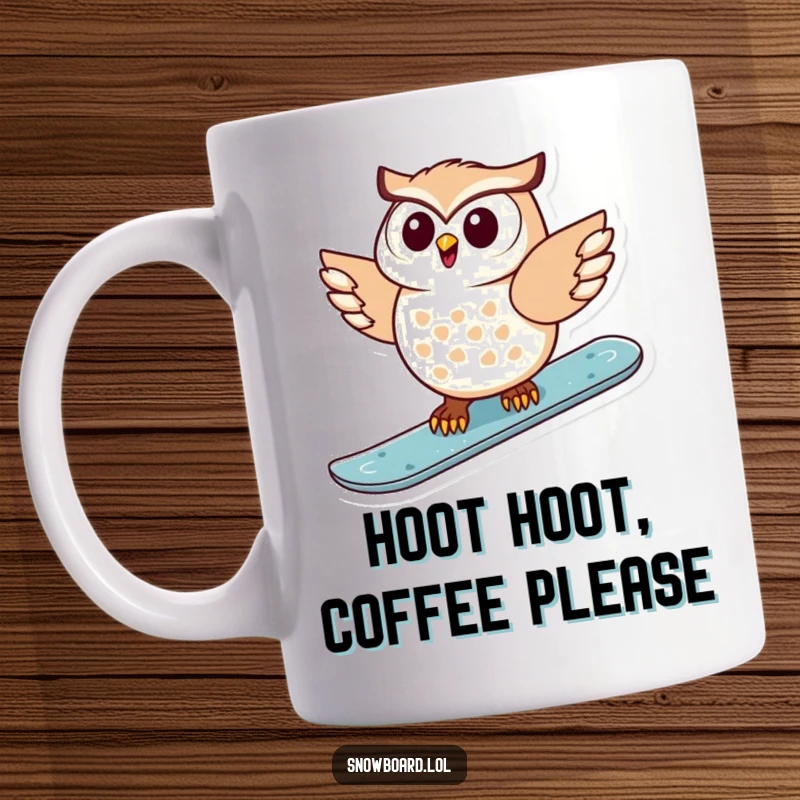 Funny mug featuring a delighted owl soaring down a snowy mountain on a snowboard, showing pure joy and skill.