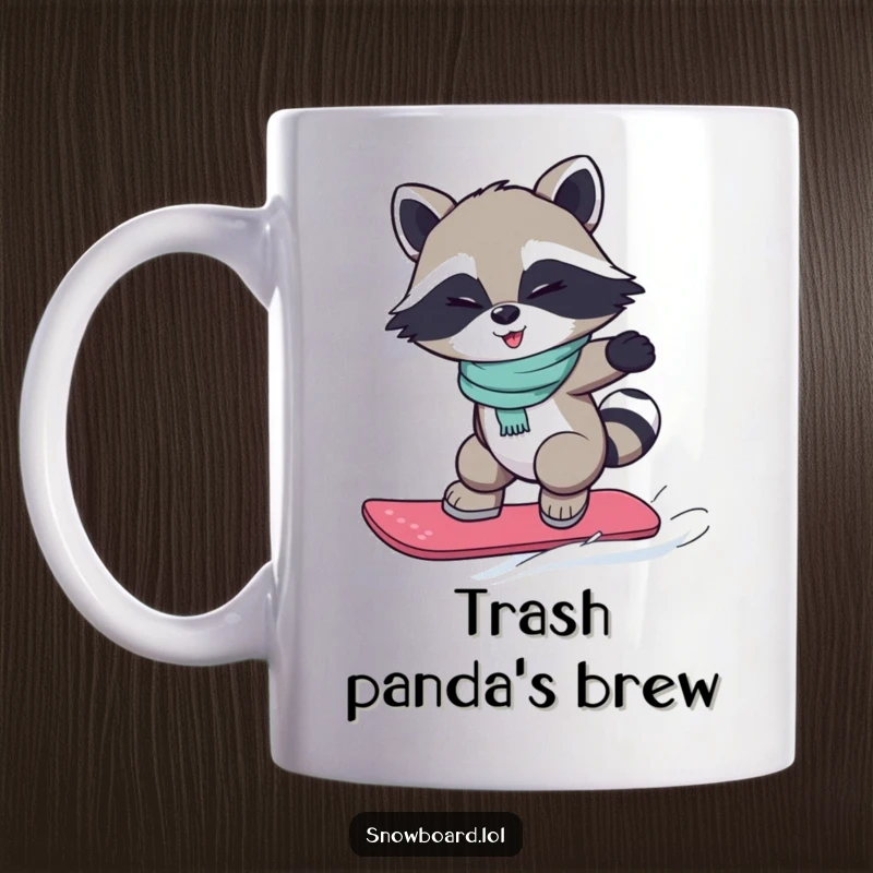 Funny mug showcasing a winking raccoon confidently performing a small jump while snowboarding, full of personality.
