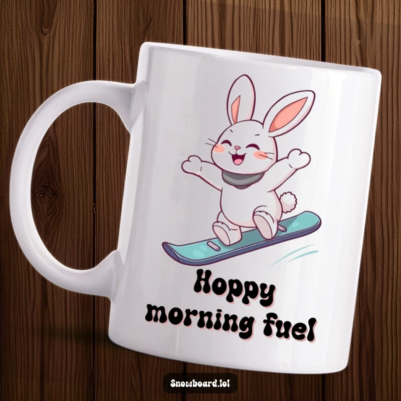 Funny mug featuring an energetic rabbit performing a joyful jump off a snowboard, showcasing extreme sports enthusiasm and a happy vibe.