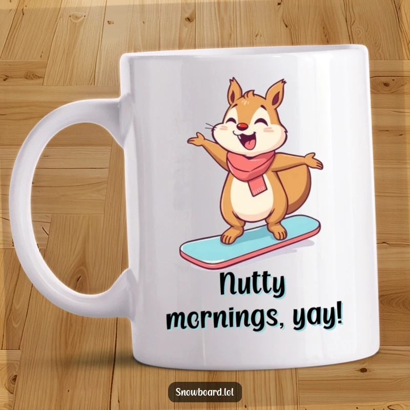 Funny giggling squirrel with arms outstretched, humorously balancing on a snowboard.