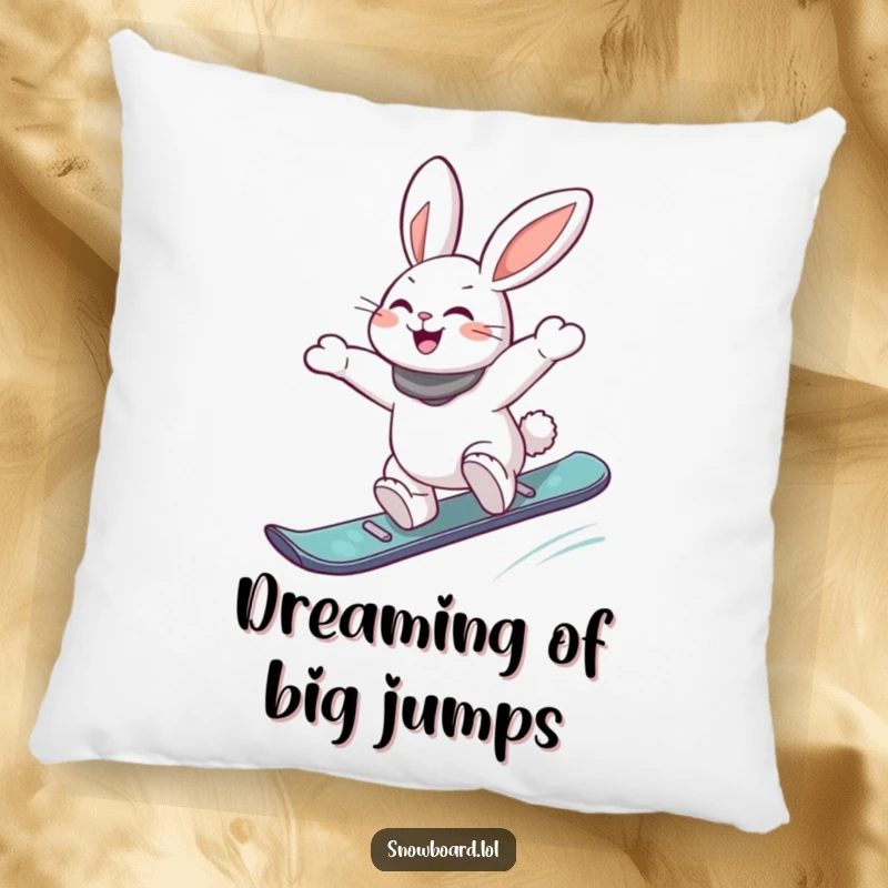 Funny pillow featuring an energetic rabbit joyfully jumping off a snowboard, offering a humorous and comfortable accent for any room.