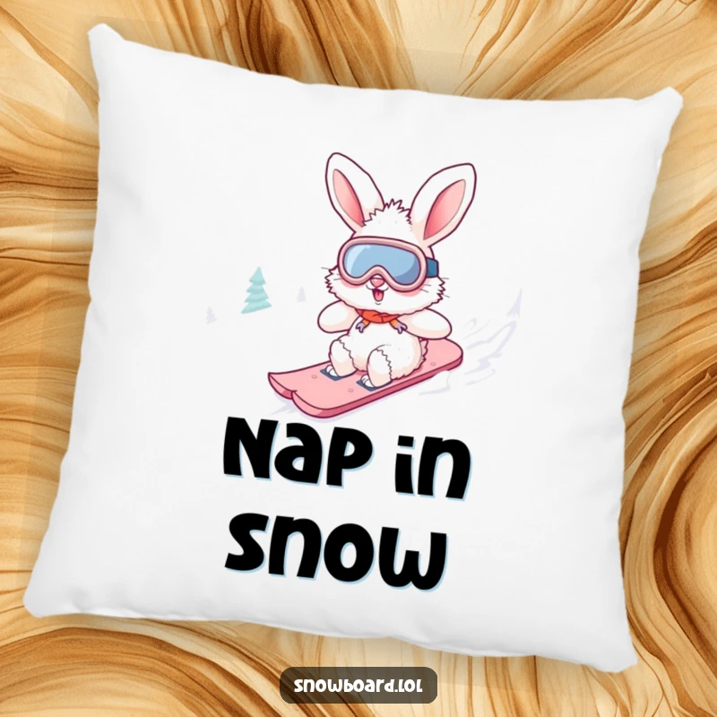 Funny fluffy bunny pillow wearing goggles, snowboarding downhill. This soft, adventurous design provides comfort and humor.