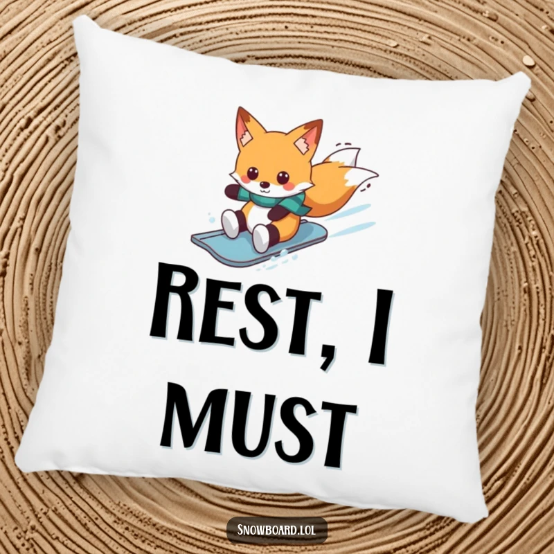 Funny fox wearing scarf on snowboard, winter pillow, cheerful rider theme, delightful funny gift for home.