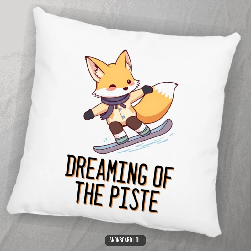Funny fox pillow, gracefully snowboarding with elegant turns, offering comfort and a dash of sly winter sports spirit.