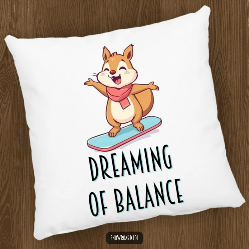 Funny giggling squirrel with arms out, humorously balancing on a snowboard pillow.