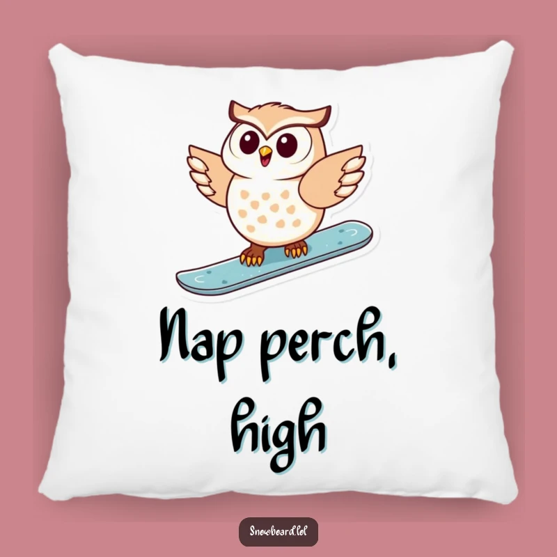 Funny Snowboarding Owl Pillow: Delighted Bird Cuddles, Cozy Humor Accent