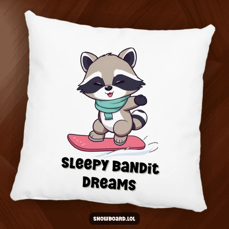 Funny pillow showcasing a winking raccoon in mid-air on a snowboard, embodying playful energy and comfort.