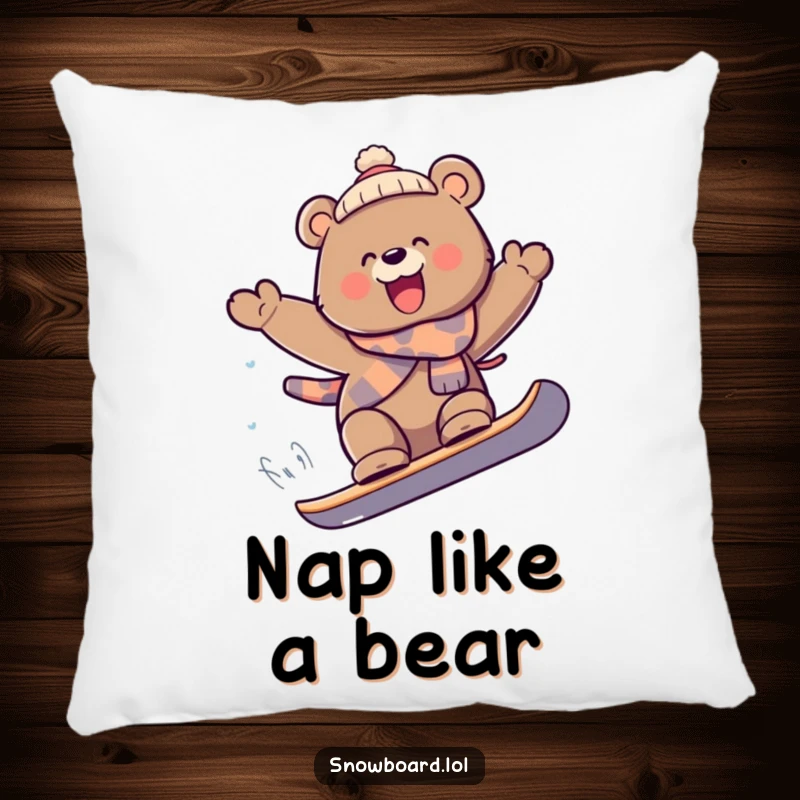 Funny bear on snowboard catching air, extreme pillow, joyful expression, delightful funny gift for home.