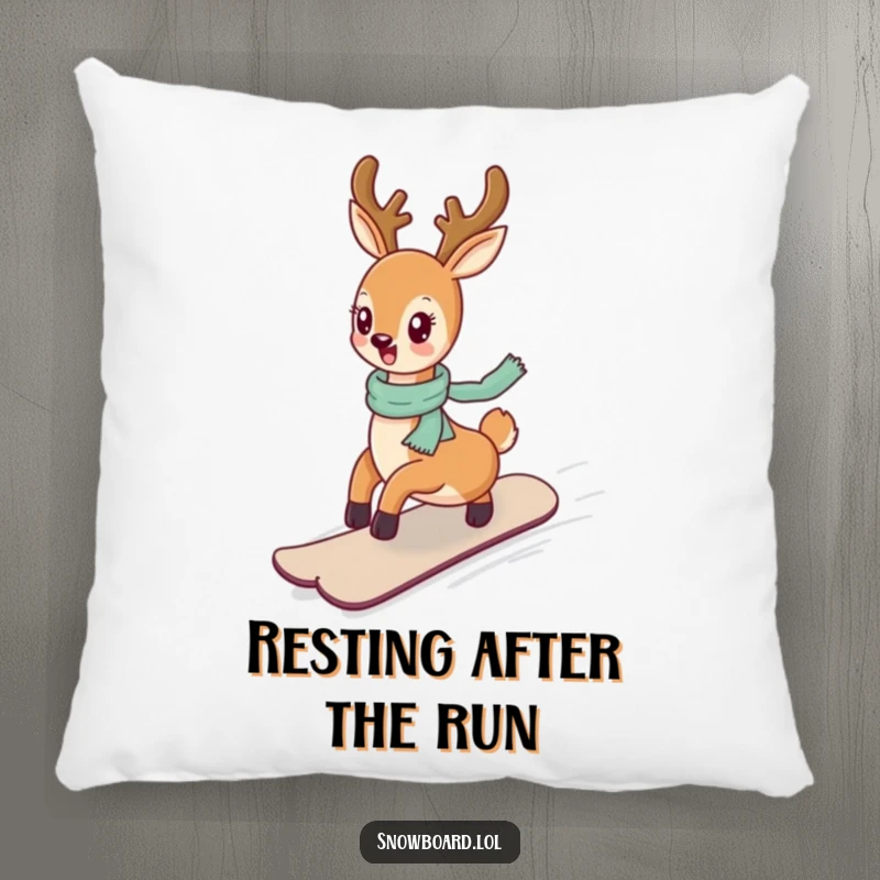 Funny deer comfortably snowboarding on a gentle incline, a soft and humorous pillow.