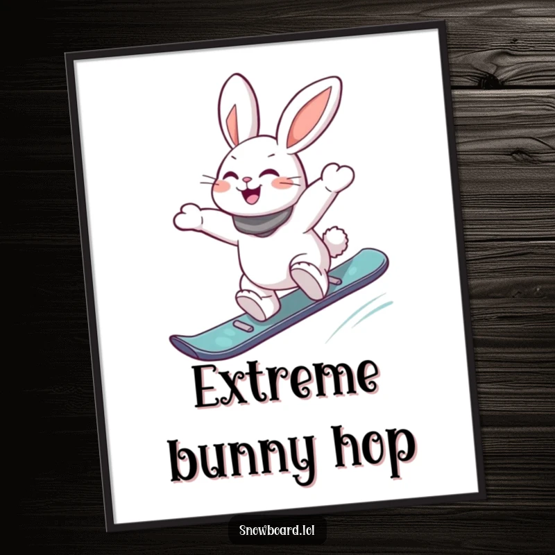 Funny digital art print depicting an energetic rabbit joyfully jumping off a snowboard, capturing extreme sports excitement and a vibrant, humorous mood.