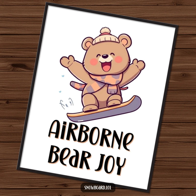 Funny playful bear snowboarding catching air, extreme digital art, joyful expression, instant funny gift for wall decor.
