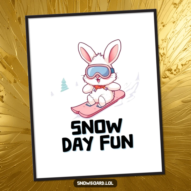 Funny fluffy bunny digital art print wearing goggles, snowboarding downhill. This adventurous creature design brings instant cheer.