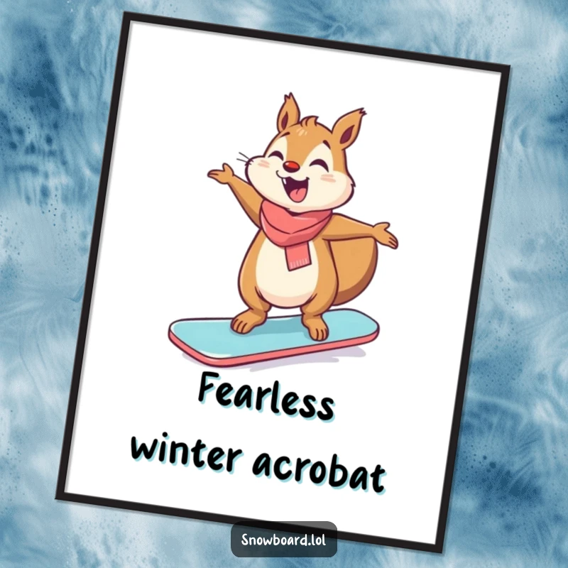 Funny giggling squirrel with arms outstretched, balancing on a snowboard, digital art.