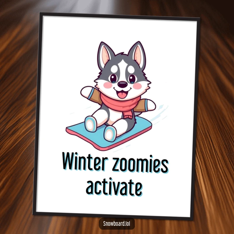 Funny husky digital art print, cheerfully snowboarding down a snowy slope, offering instant, high-energy winter sports fun for digital display.