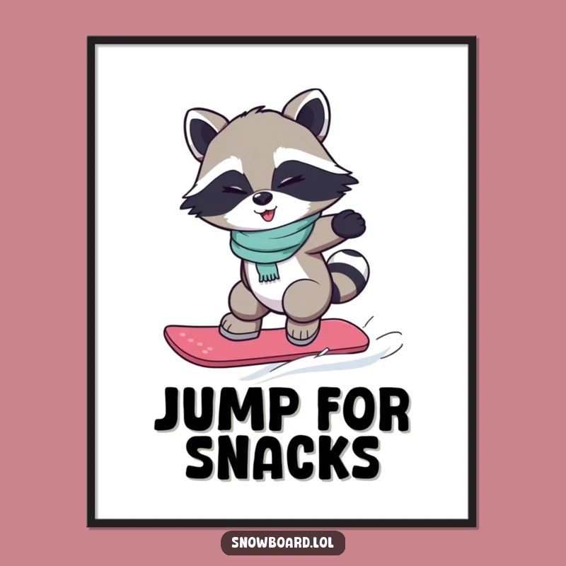 Funny Snowboarding Raccoon Digital Art: Winking Bandit's Jump, Instant Quirky Decor