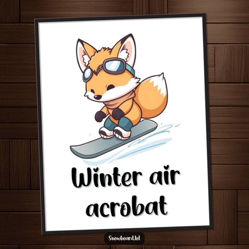Funny fox cub performing a small jump on a snowboard, available as instant digital art.