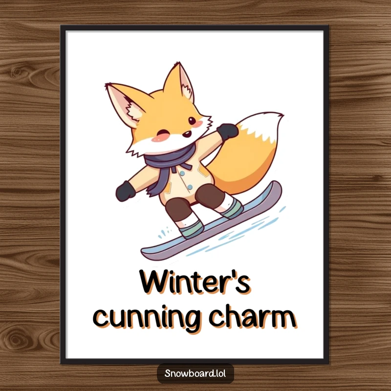 Funny fox digital art print, gracefully carving turns on a snowboard, offering instant, elegant winter sports fun.