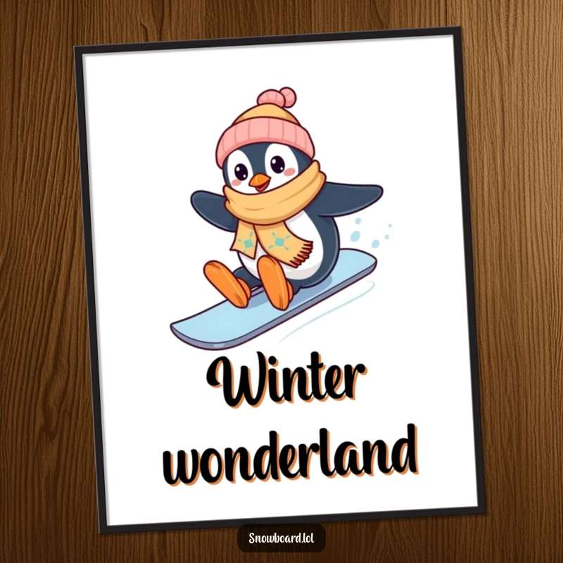 Funny happy penguin snowboarding downhill, winter digital art, cheerful character, instant funny gift for wall decor.