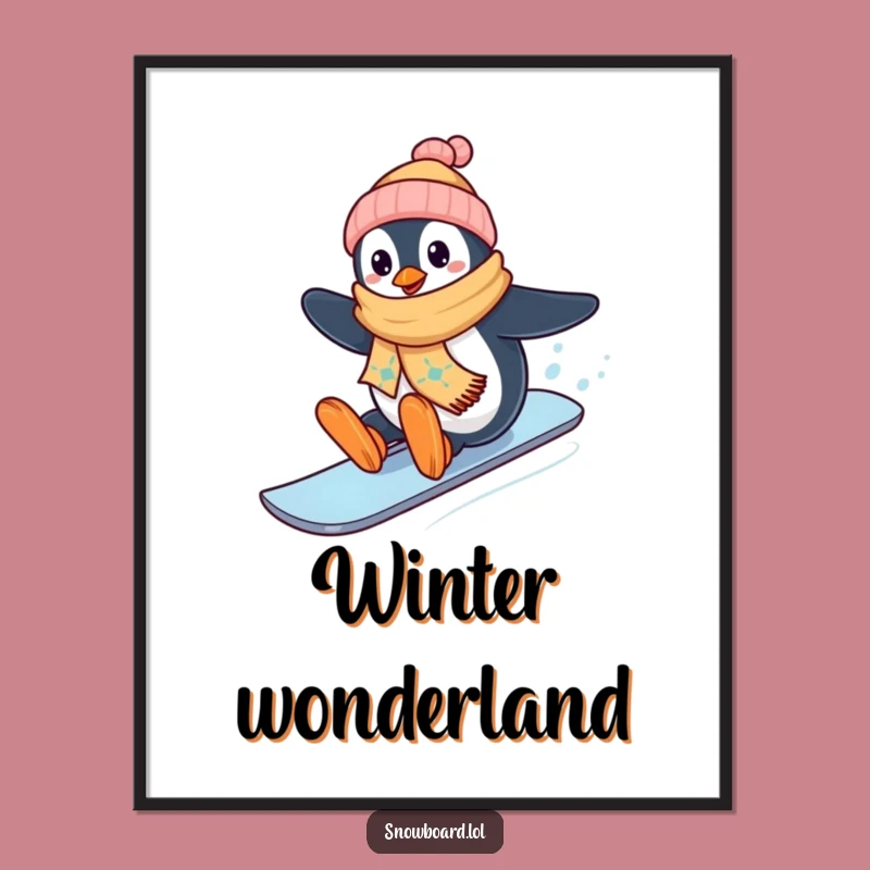 Funny Penguin Snowboard Digital Art: Instant Download, Happy Whistler Print, Funny Gift