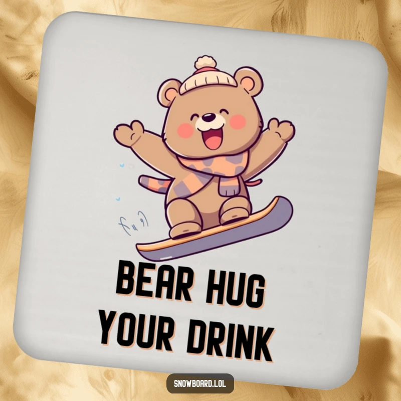 Funny bear on snowboard catching air, extreme coasters, joyful expression, delightful funny gift for home.