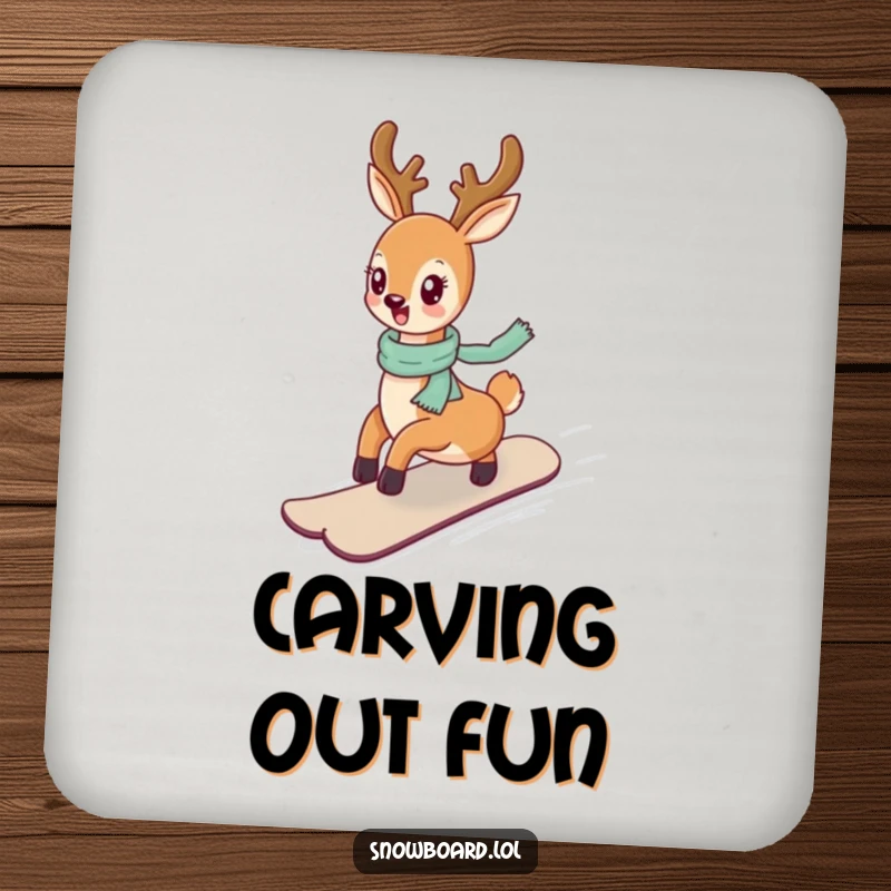 Funny deer snowboarding gracefully, a cheerful and humorous coaster for drinks.