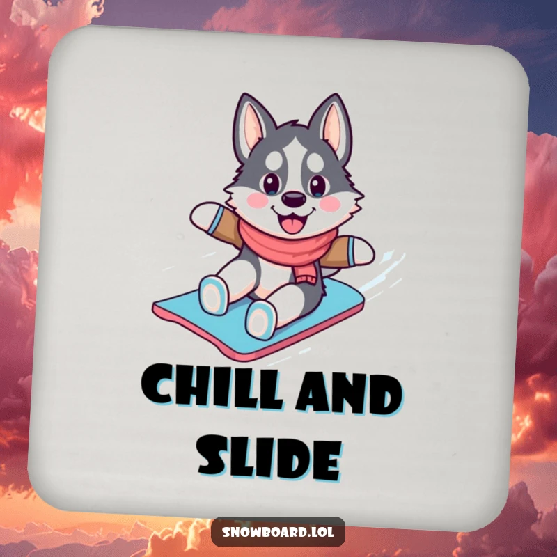 Funny husky coaster, happily snowboarding down a snowy slope, adding a playful splash of winter sports charm to any surface.