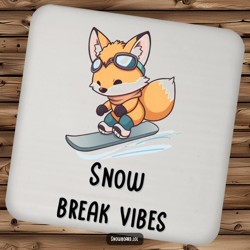 Funny fox cub mid-jump on a snowboard, a humorous and protective drink coaster.