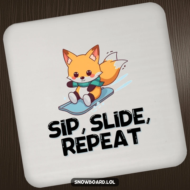 Funny fox wearing scarf on snowboard, winter coasters, cheerful rider theme, delightful funny gift for home.