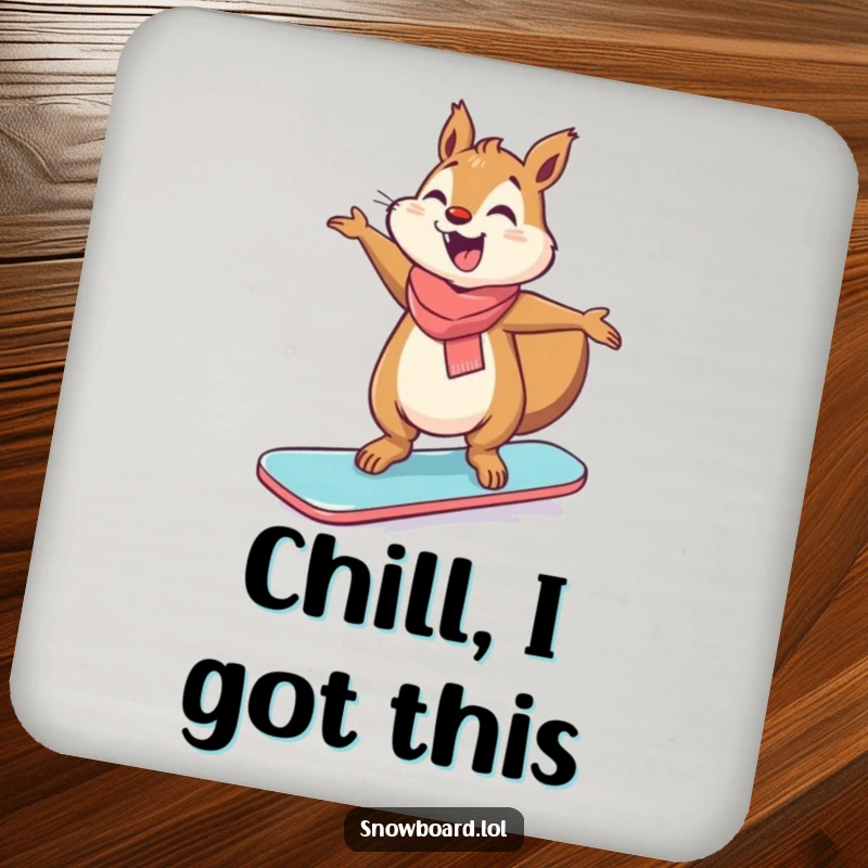 Funny giggling squirrel balancing on a snowboard, arms out, humorous coaster.