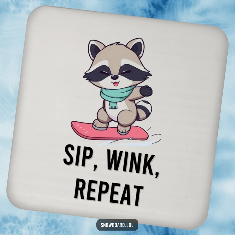 Funny coaster with a winking raccoon snowboarding, adding a humorous and protective element to your surfaces.