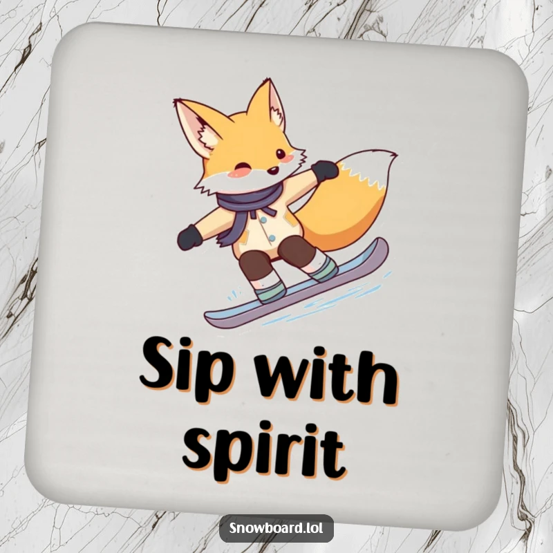 Funny fox coaster, gracefully carving turns on a snowboard, adding a playful splash of winter sports charm to any surface.