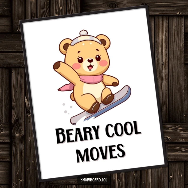 Funny bear cub poster, captured mid-trick on a snowboard, embodying playful winter sports excitement and forest charm.