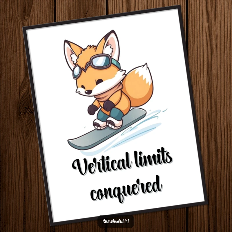 Funny fox cub executing a small snowboard jump, frozen in a humorous, action-packed moment.