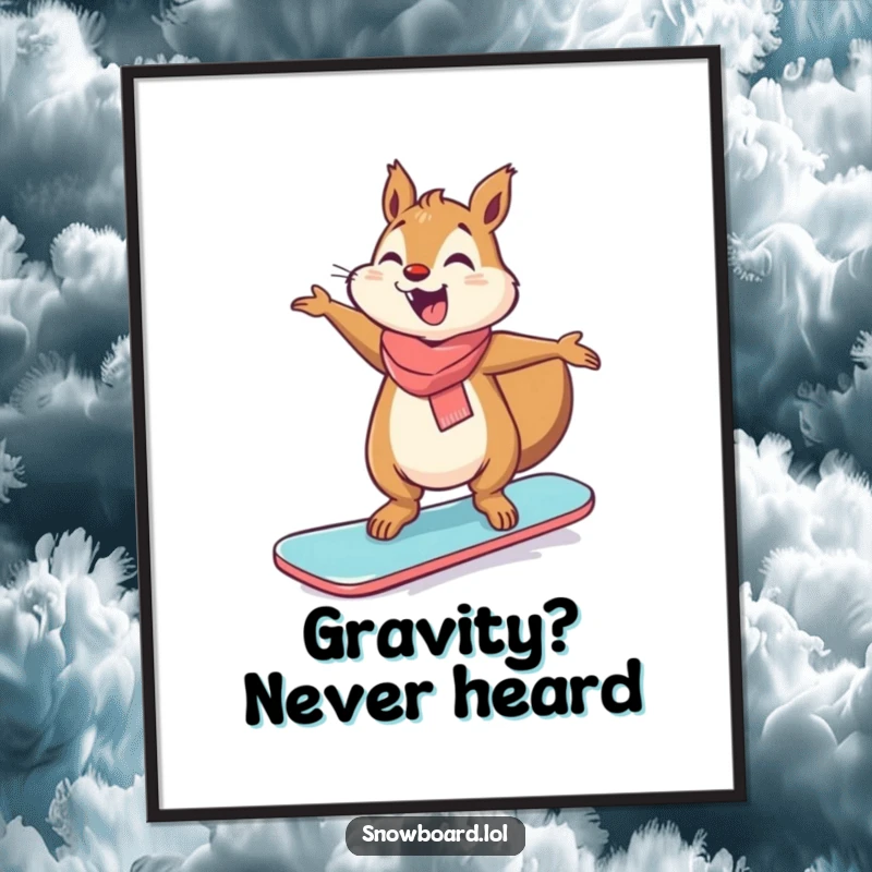 Funny giggling squirrel balancing precariously on a snowboard, arms out, comical.