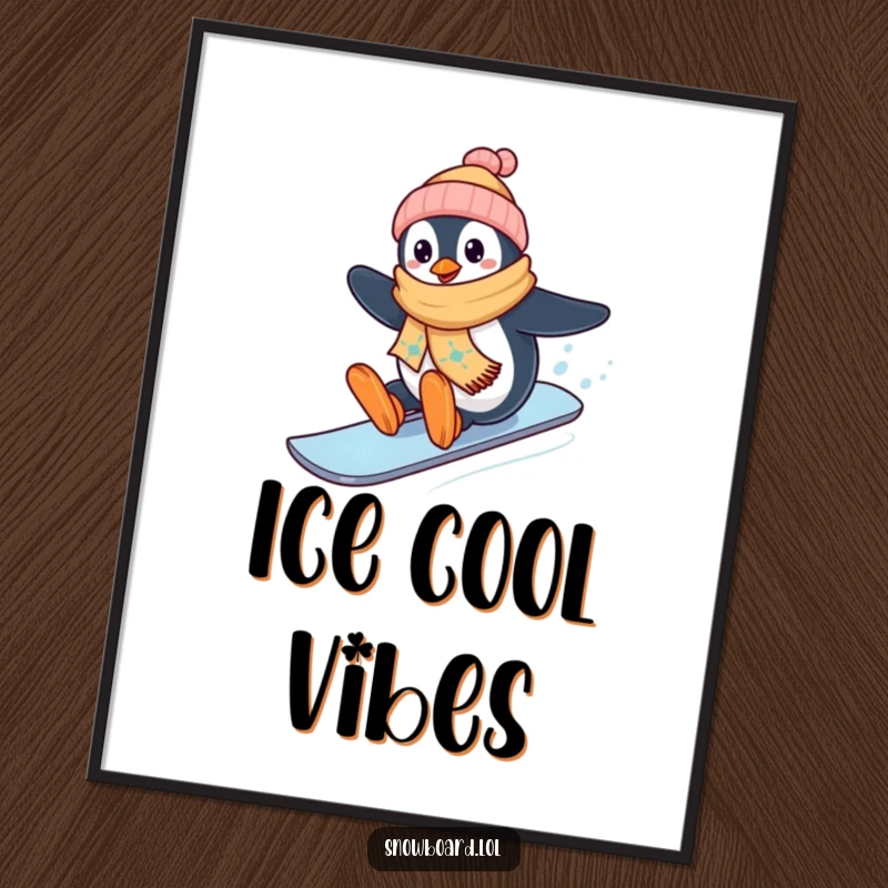 Funny happy penguin snowboarding downhill, winter wall art, cheerful character, wonderful funny gift for decor.