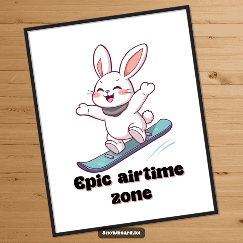 Funny poster showcasing an energetic rabbit executing a joyful jump off a snowboard, capturing extreme sports action and a playful, dynamic spirit.